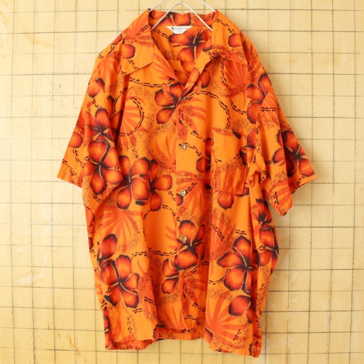 60s 70s California 半袖 コットン ハワイアンシャツ オレンジ メンズL アロハ アメリカ古着 050725ss99