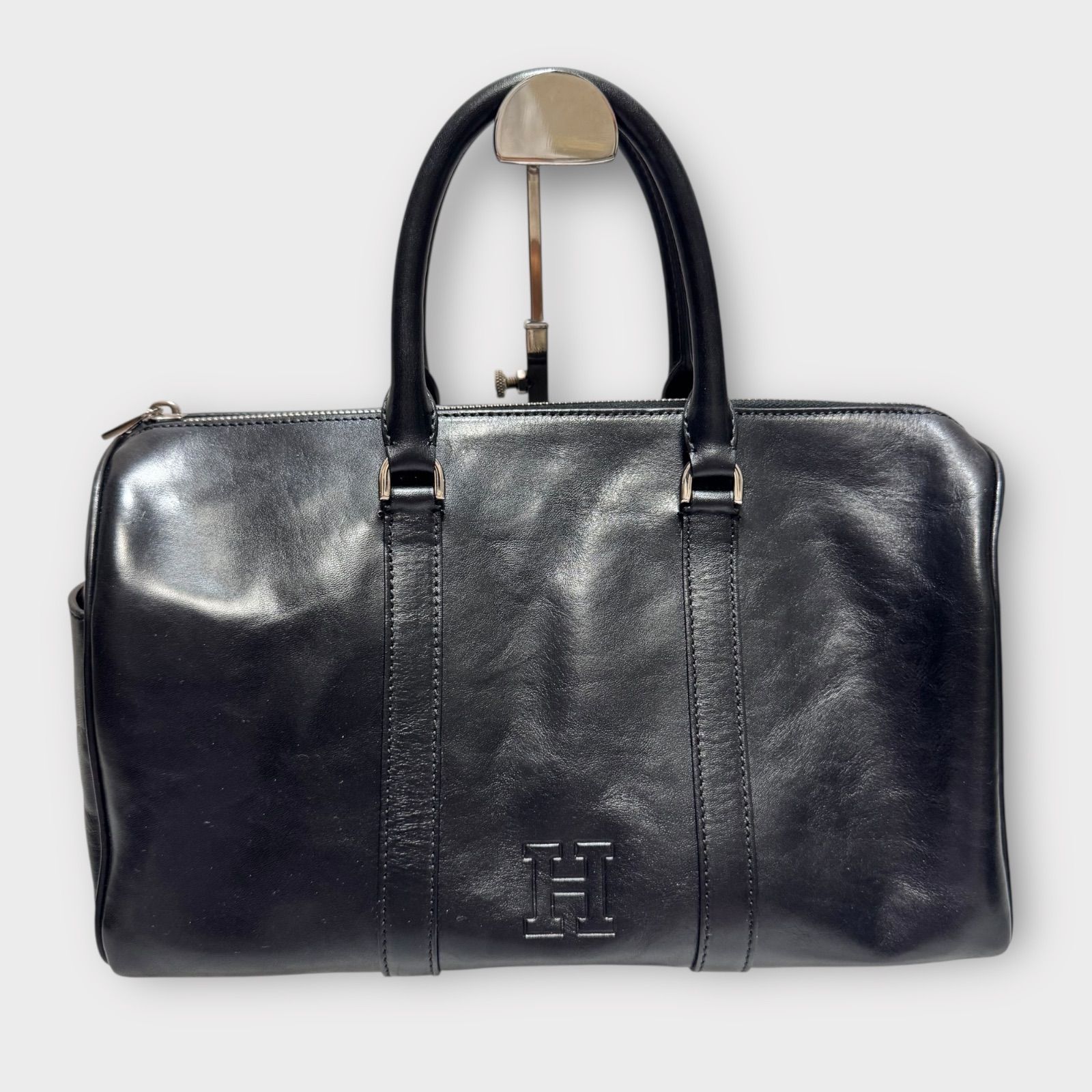 ヒロフ★オールレザー　ハンドバッグ　ミニボストン　ロゴ型押し　ブラック 美品！HIROFU ヒロフ ロゴ型押し レザー ミニボストンバッグ