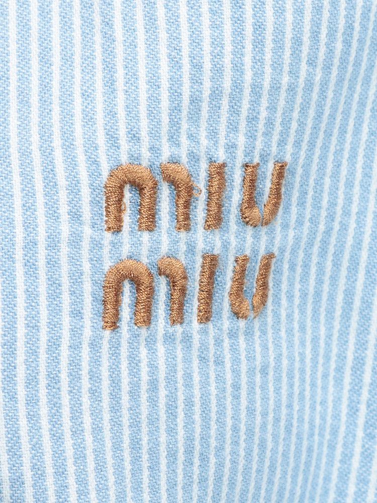 MIU MIU (ミュウミュウ) ロゴ刺繍 ストライプ 長袖 クロップドシャツ