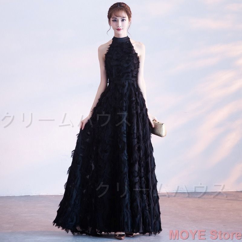 ウエディングドレス パーティードレス ブラック タッセル フェザー ノースリーブ フ パーティー ロング ホルターネック Aライン min