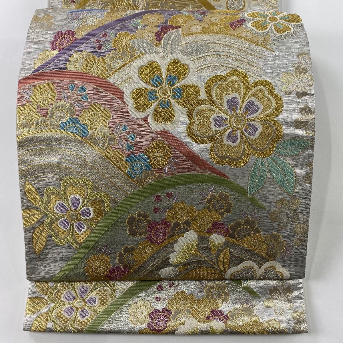 401y4◆全通 ラメ袋帯 斜線 銀糸◆美品 成人式 結婚式 袋帯 振袖用 正絹 桜紋様 黒x紫金 金糸銀糸 ラメ糸 六通柄