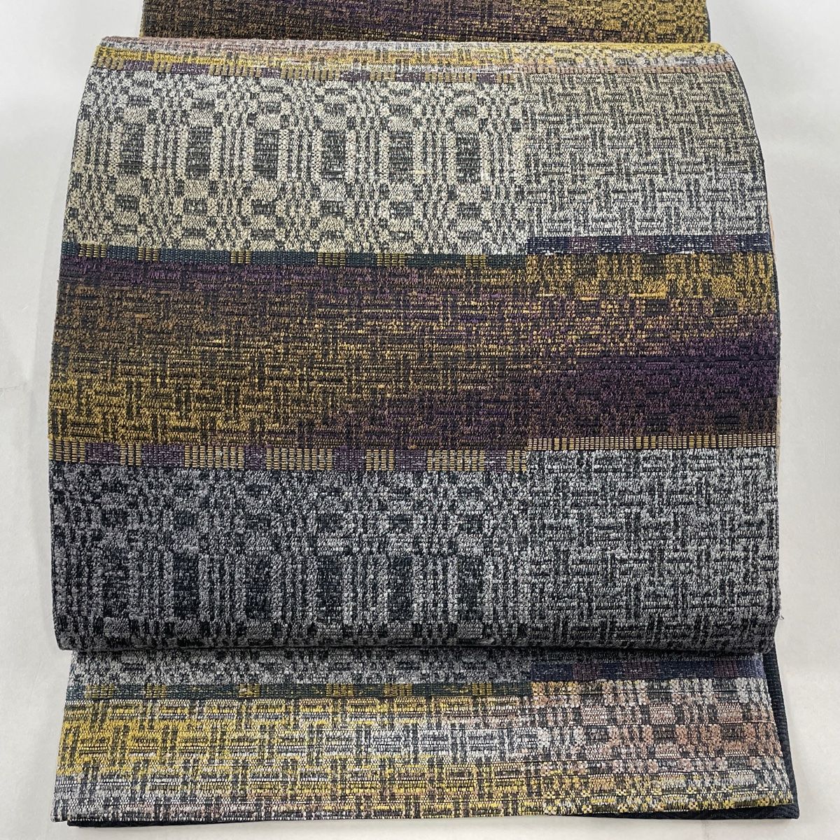 袋帯 美品 名品 じゅらく 証紙 幾何学 灰紫 六通 正絹 【中古  