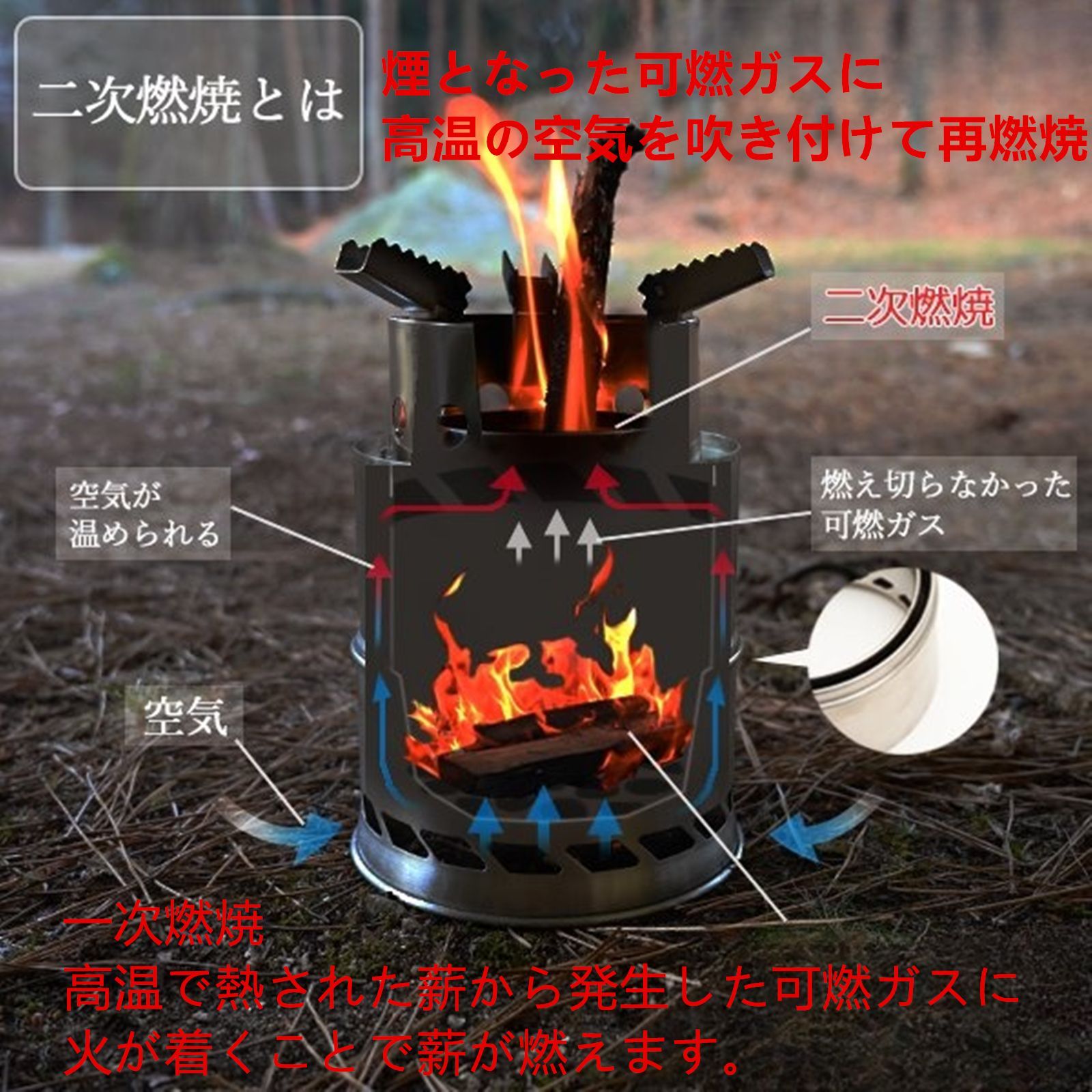 二次燃焼 大型 ウッドストーブ 直径44cm 折りたたみ式足 ロストル/焼き網付き 完全燃焼 コンロ 組み立ていらず フレイムストーブ アウ 二次燃焼 大型 ウッドストーブ 直径44cm 折りたたみ式足 ロストル⁄焼き