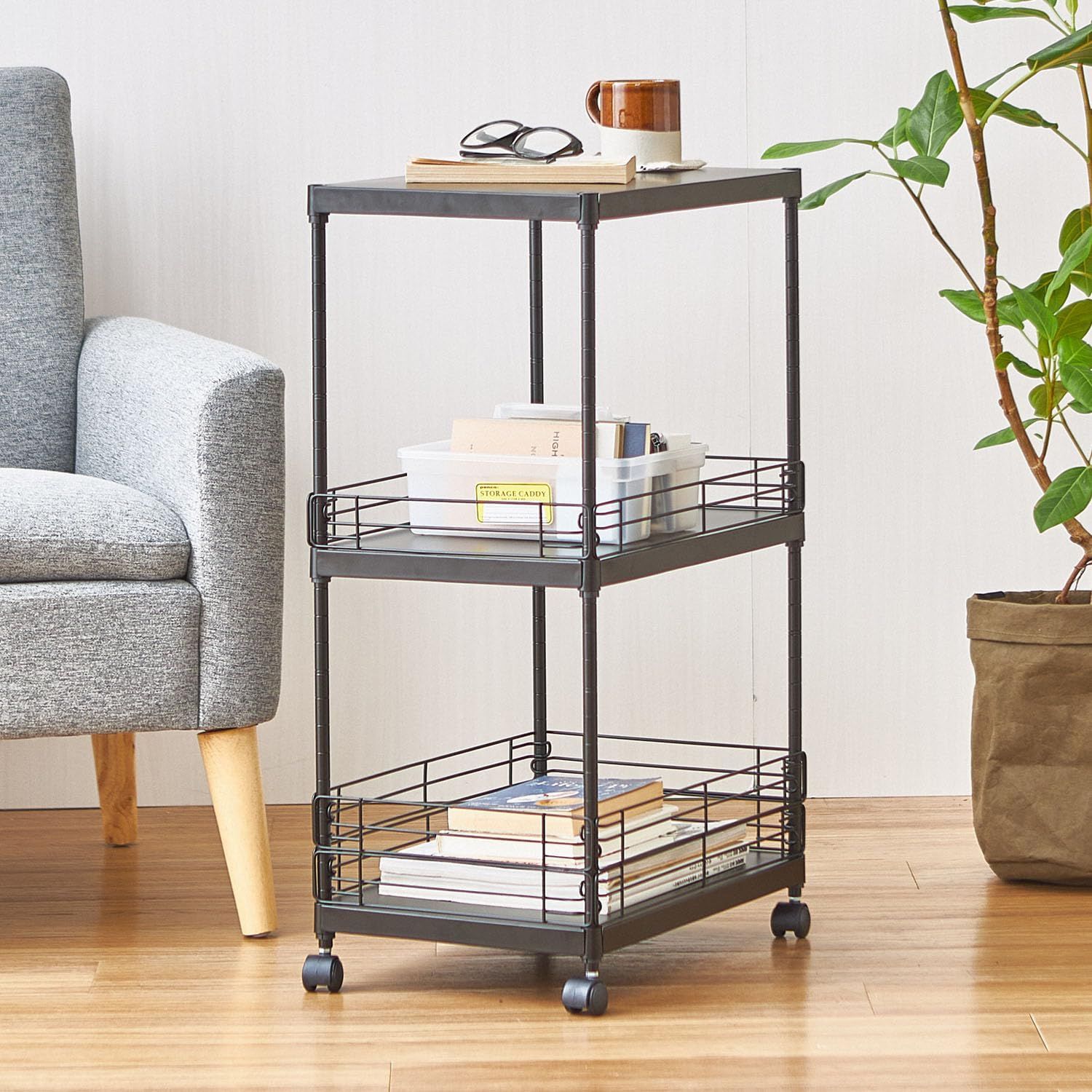 キッチンワゴン ランドリーワゴン キャスター付き スリム 黒 ブラック サイドテーブル 3段 幅30cm×奥行45cm×高さ74.5cm CPS4530-BK マットな質感 オシャレ ドウシシャ 可動棚板 着脱簡単 落下防止柵付き 天板