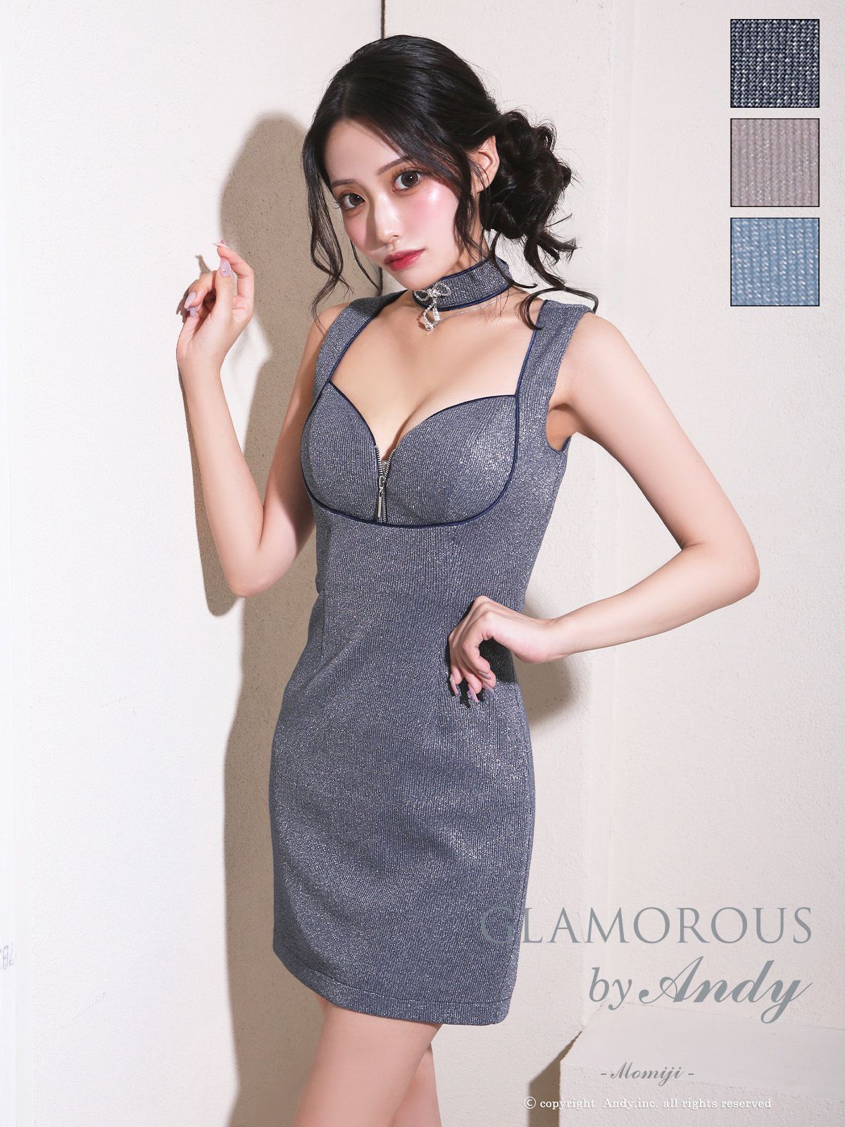 Mネイビー GMS-V885-NV-2409 XSサイズあり Andy GLAMOROUS|アンディグラマラス リボンブローチ| チョーカー付き| バストジップ| ラメ| ノースリーブ| シンプル| タイト| ミニドレス| キャバドレス