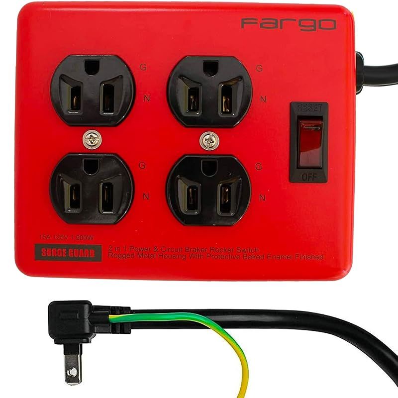 Fargo STEEL TAP 電源タップ スチール製 3ピン対応 アース線付き コード 壁掛け 固定 (レッド， 4個口1.8m) 1