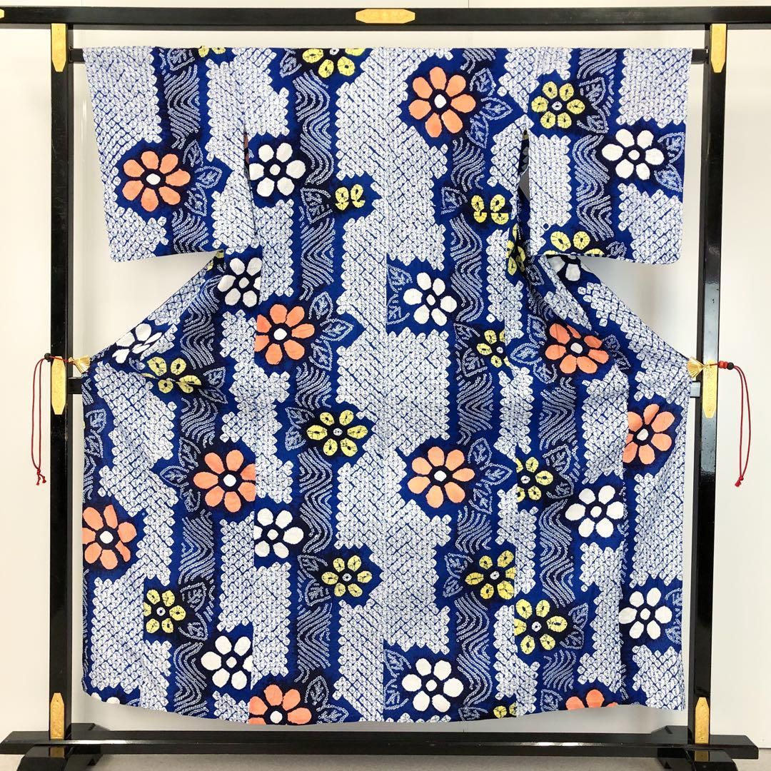 夏着物 浴衣 有松鳴海本絞り 流水 花模様 瑠璃色 K-4535