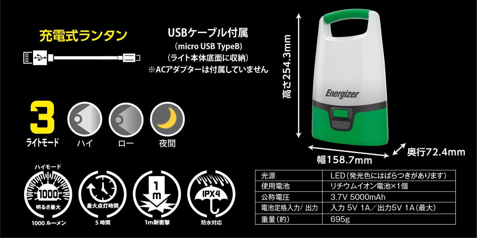 数量限定】Energizer(エナジャイザー) LEDライト モバイル端末へ給電可能 充電式USBランタン(明るさ最大1000lm/点灯時間最大5時間)  ALURL7 - メルカリ