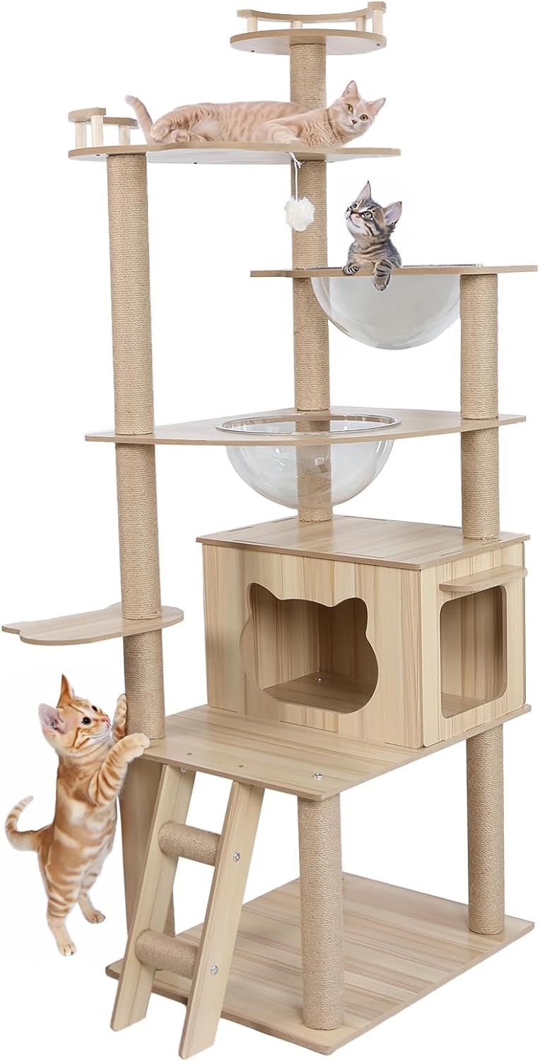 Ojisofu キャットタワー ハンモック 木製 スリム設計 据え置き 大型猫用 猫タワー 多頭飼い 宇宙船型透明ボウル 爪研ぎポール キャットツリ 登りやすい ー 組み立て簡単 安定性 丸角設計 春夏秋冬使用 6階建てのタワー 省スペース 人気