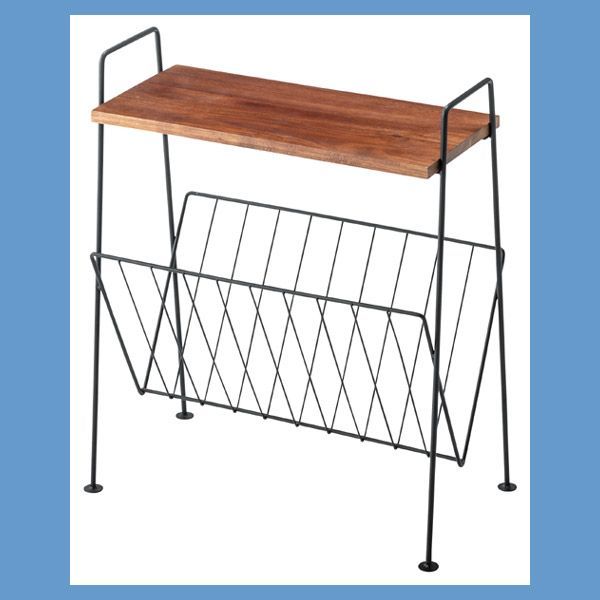 天然木（アカシア）天板のサイドテーブル（マガジンラック付き・スチールフレーム）No.435（W39.5×D21×H45cm）／ブラック