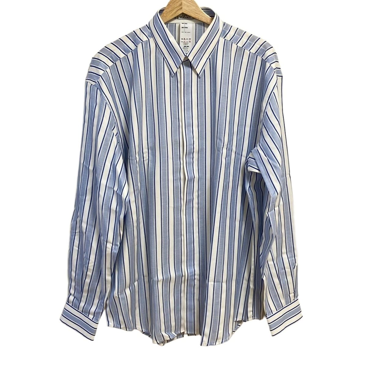 GIANNIVERSACE ジャンニヴェルサーチ 長袖シャツ サイズ50 M メンズ - 白×ライトブルー×ネイビー ストライプ