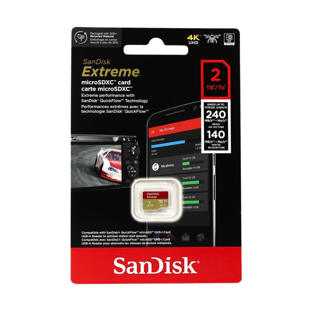 SanDisk Extreme microSDXC UHS-Iカード 2TB 最大240MB|秒の読み取り速度と140MB|秒の書き込み速度 アダプターなし