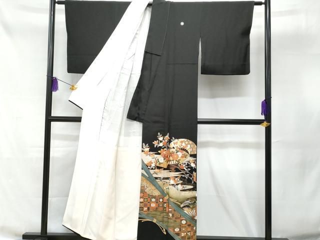 平和屋着物□豪華黒留袖 駒刺繍 扇面吉祥枝橘花文 金彩 正絹 逸品