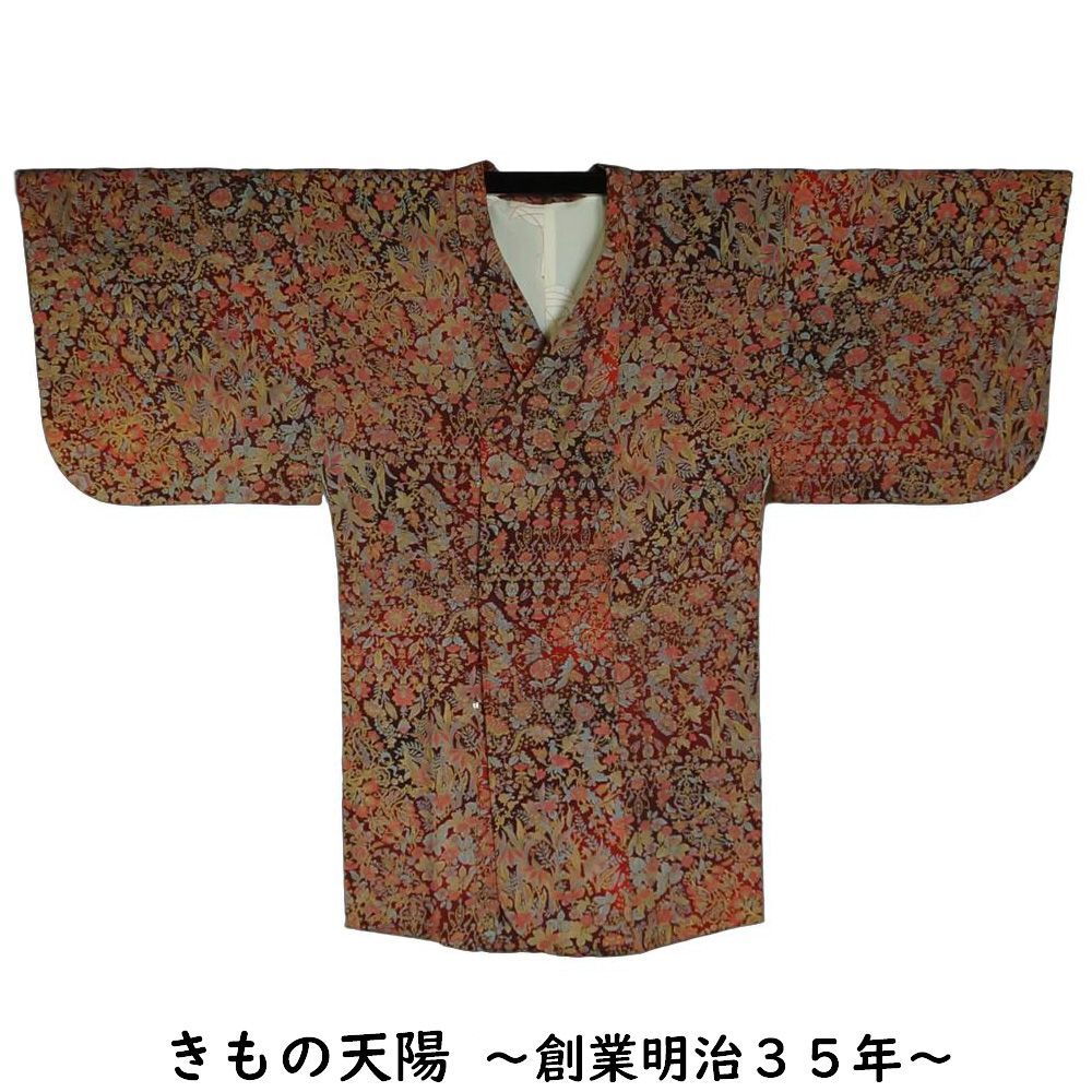 道中着 唐花 更紗模様 Sサイズ ちりめん 正絹 着物コート 塵除けコート 道中着 コート 総柄 レトロ 着物コート 道行コート 道行き 防寒コート 着物 着物コート 和装コート 羽織もの レディース 羽織りもの 古着 冬 塵除け コート