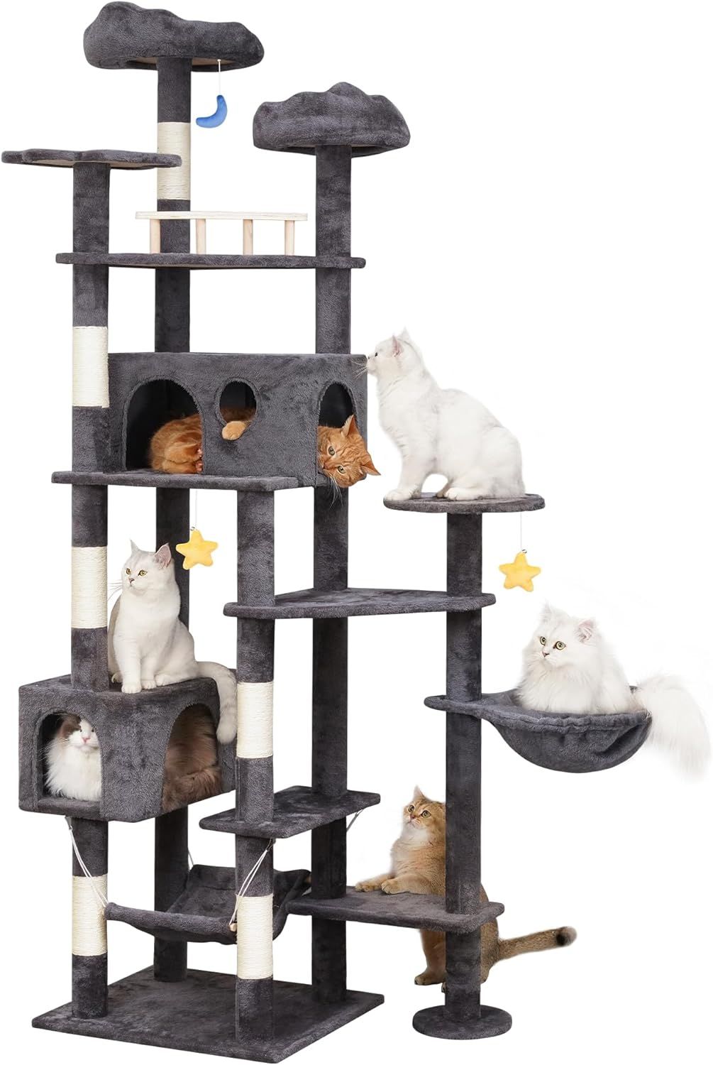 Meecal キャットタワー 大型猫用 猫タワー 多頭飼い 雲型い猫 ベッド 猫 ハウス 広いハンモック 天然サイザル麻爪研ぎポール 見晴らし台 ぬいぐるみ キャット タワー 人気 おもちゃ 可愛 据え置き 転倒防止 運動不足解消 - 高さ215cm 煙灰色
