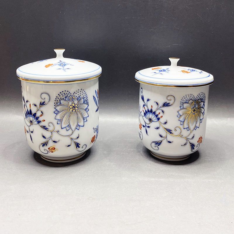 マイセン Meissen ブルーオニオン レッド＆ゴールド 夫婦蓋付湯呑 共箱 iw240924a01