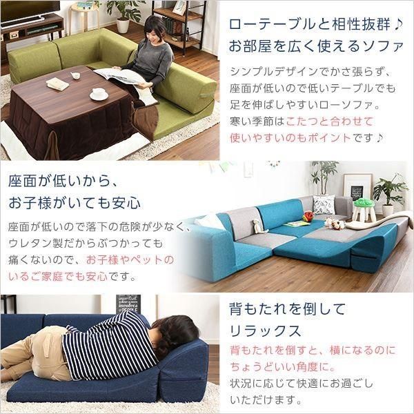 ローソファー 〔コーナー付き 3人掛け ターコイズブルー〕 座面7.5cm