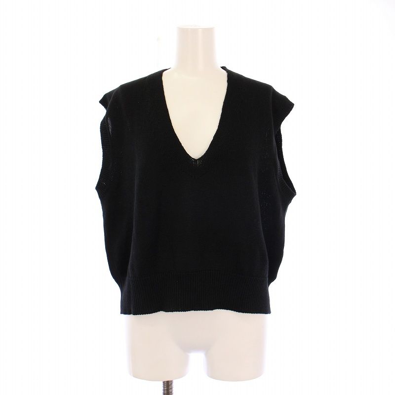 マーガレットハウエル MARGARET HOWELL 24SS ニットベスト プルオーバー Vネック 無地 麻 リネン混 2 黒 ブラック 578-4161002 |BB