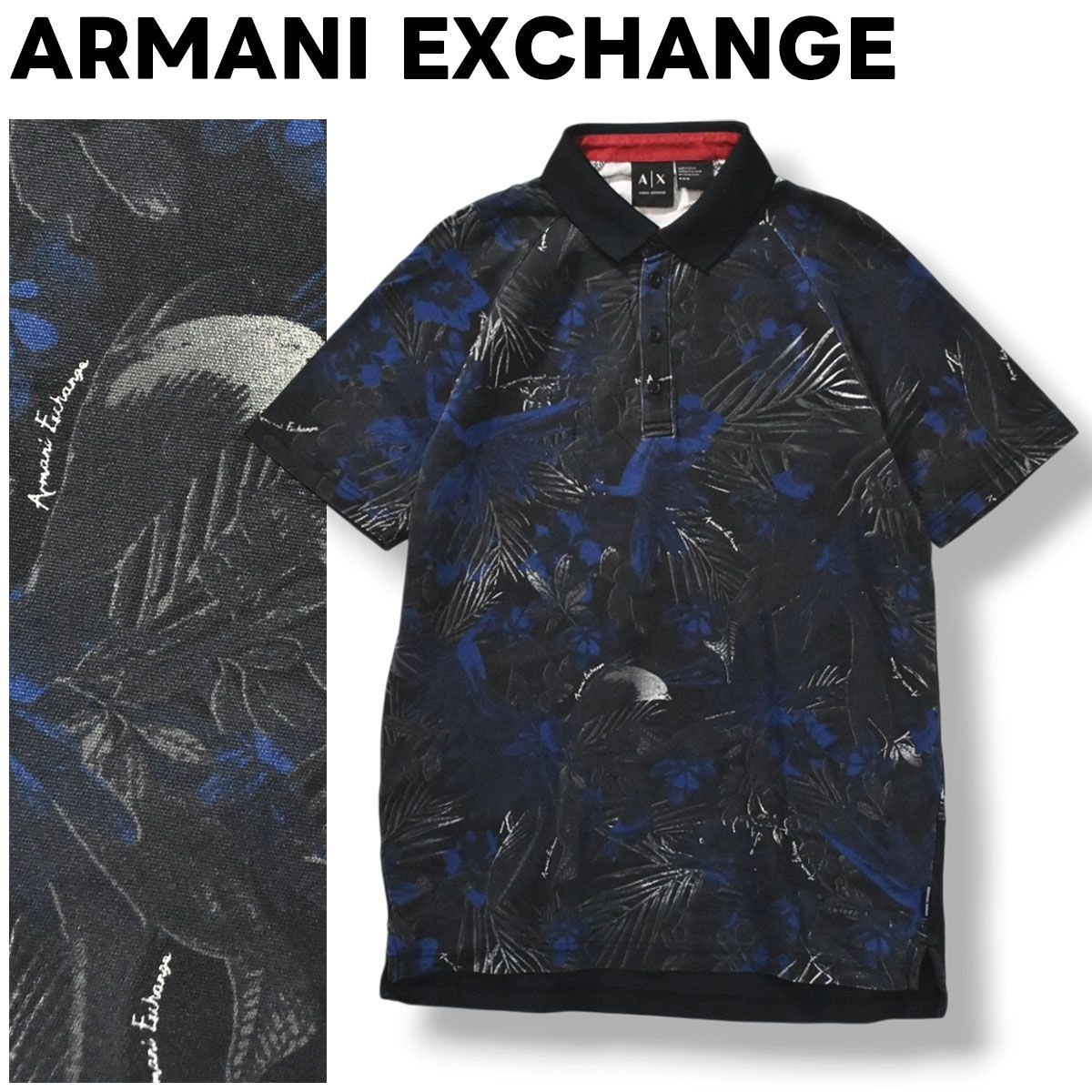 BIG XL ARMANI EXCHANGE ロゴ総柄 半袖ポロシャツ紺/白 ARMANI EXCHANGE ポロシャツ 「A|X アルマーニ エクスチェンジ