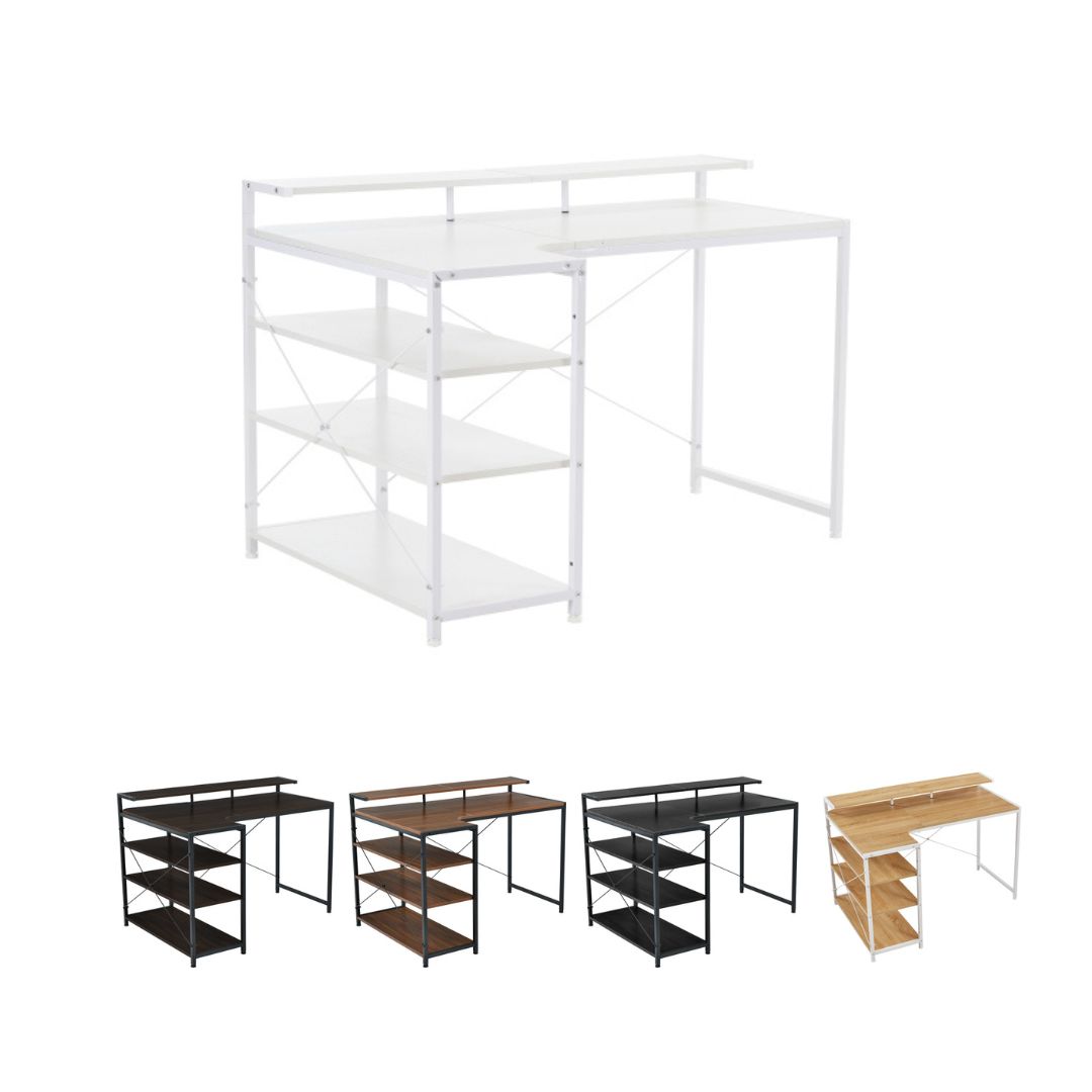 パソコンデスク L字 120cm 3段ラック付 ハイデスク付き モニタースタンド付き デスク木製 ミシン台 書斎机 勉