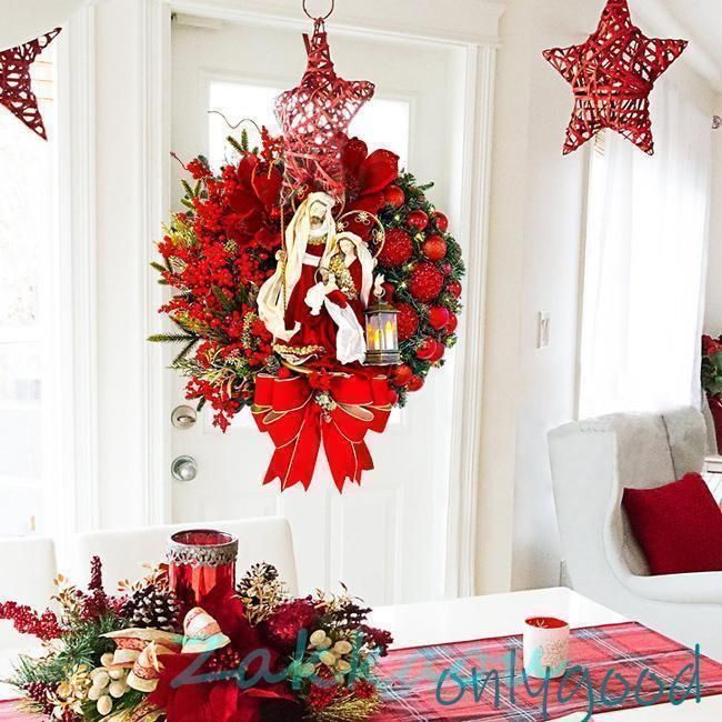 クリスマスリース シーンライト付き 松の枝 壁掛け飾り 玄関ドア 花 冬