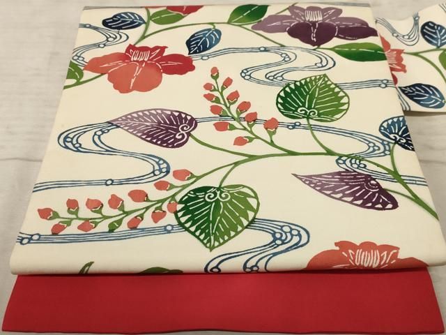 平和屋着物◎塩瀬 九寸名古屋帯 型染め 流水花文 正絹 逸品