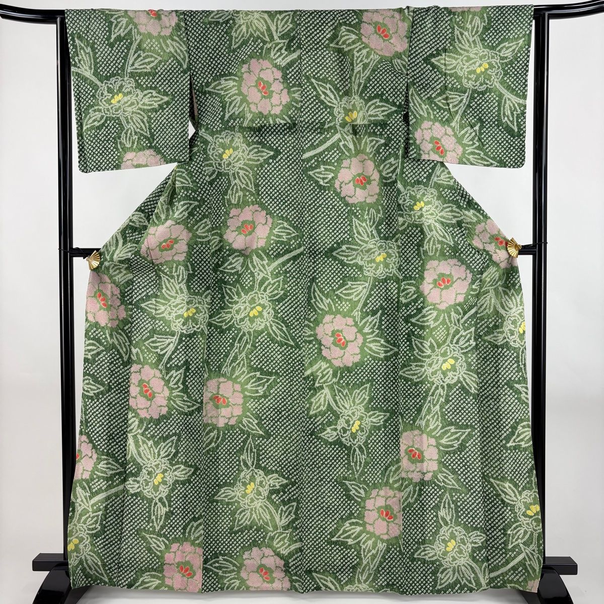 浴衣 身丈166cm 裄丈64.5cm M 絞り浴衣 草花 よもぎ色 綿 名品