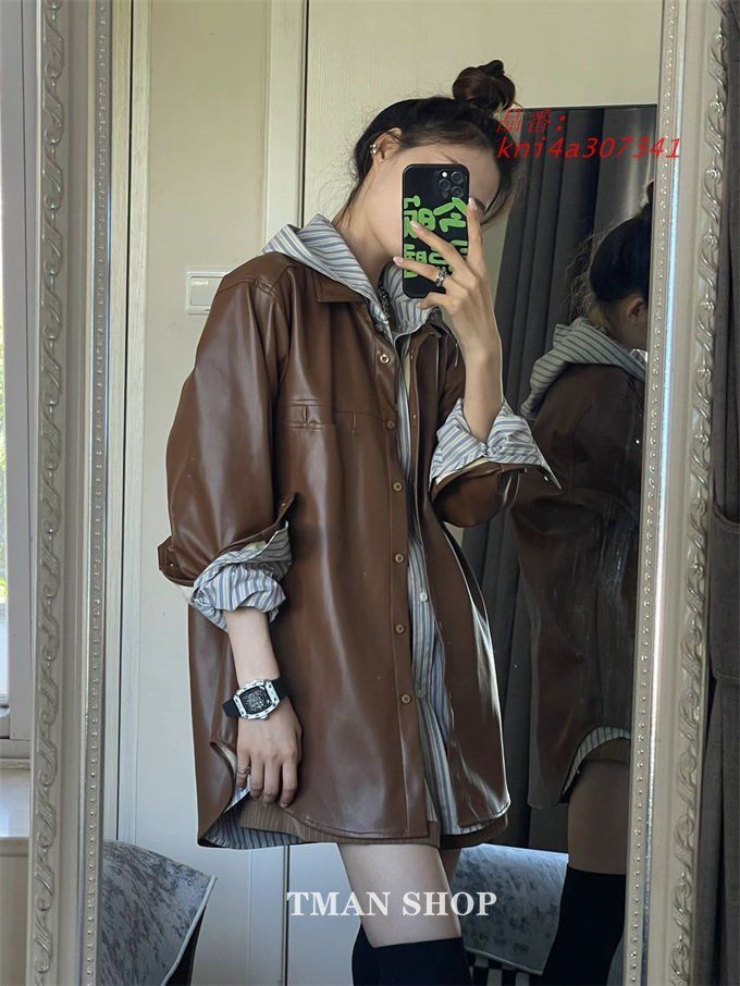 ライダースジャケット レディース レザージャケット 革ジャン 皮ジャン シャツブラウス 羽織り シングル ジャンバー アウター 長袖 ストライプシャツ kni4a307341