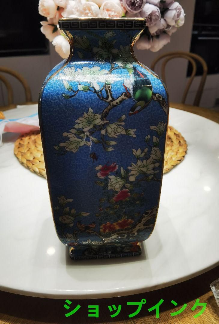 パステル琺瑯彩花鳥蒔絵藍釉四方花瓶 景徳鎮 陶磁器 装飾品 工芸