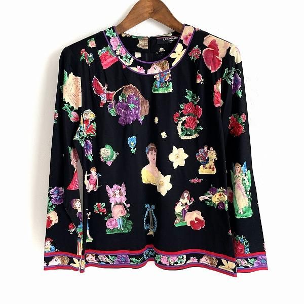 レオナール LEONARD トップス 長袖Tシャツ 黒×マルチ レディース
