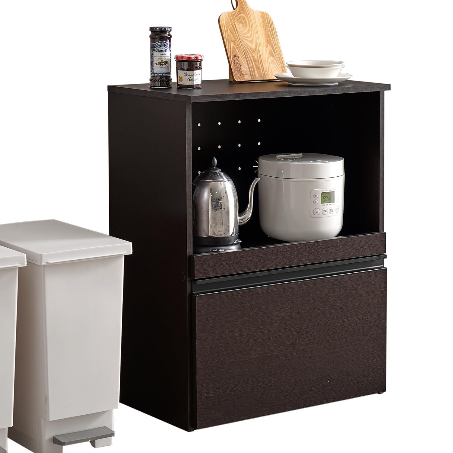 大 コンパクト２口コンセント レンジ台 収納庫タイプ キッチンラック 幅60 ダークブラウン レンジボード VKC-7141DBR 萩原