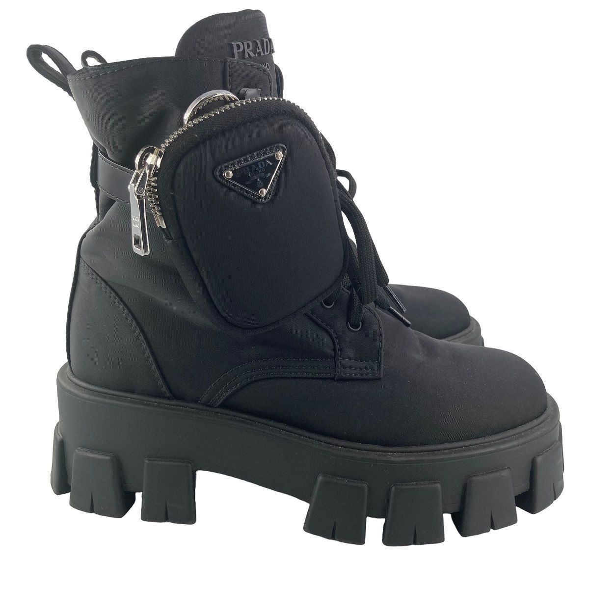 中古】 PRADA プラダ モノリスコンバット ブーツ ブラック 36.5