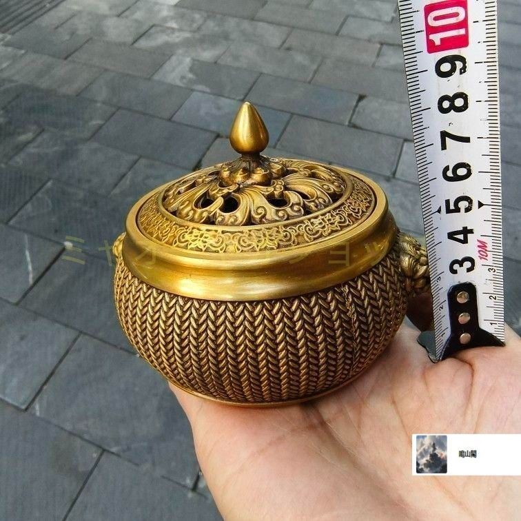 銅 香炉 編み獅耳平底炉 香道具 工芸品 置物 香炉 銅製 獅耳