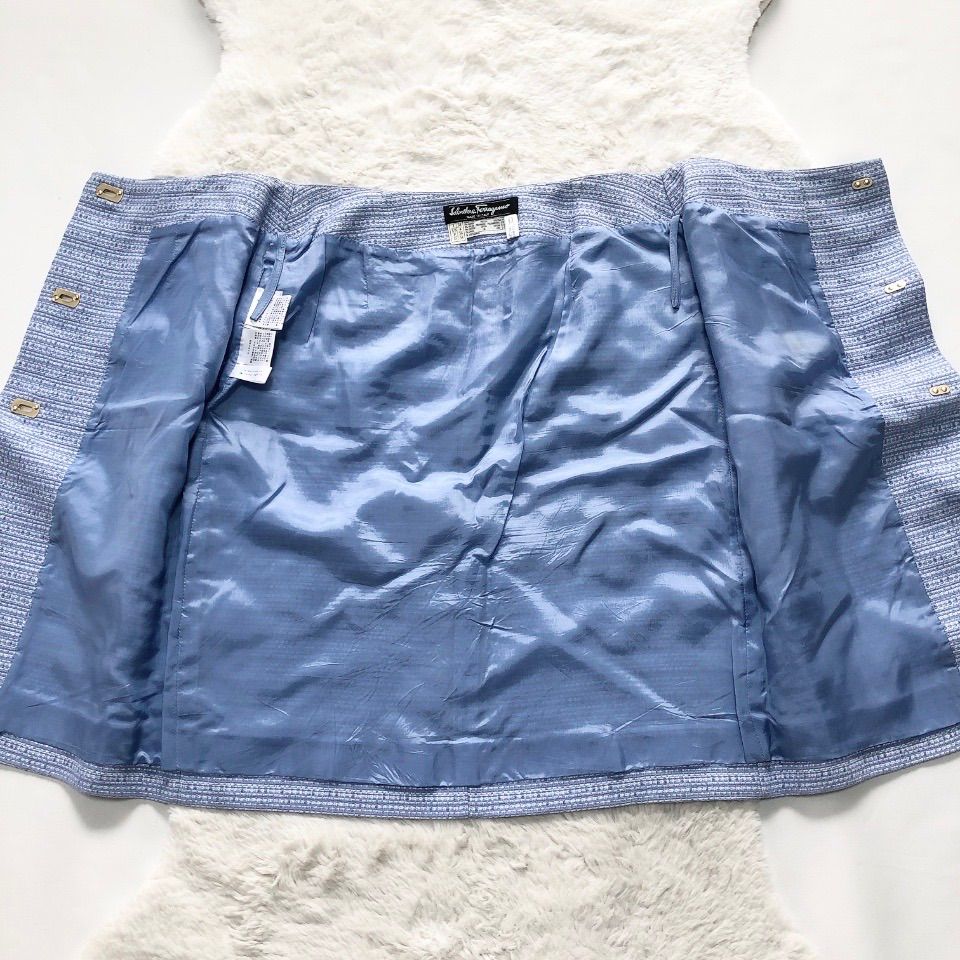 Salvatore Ferragamo サルヴァトーレフェラガモ ツイードスカート ガンチーニ 金ボタン ヴィンテージ 水色 イタリア製 38 WWW_MORNINGWALKER_COM