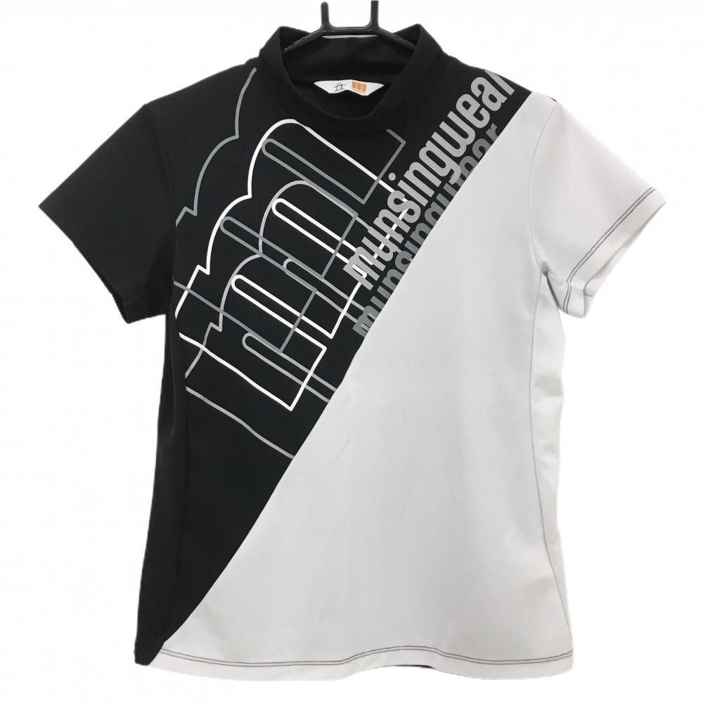  マンシングウェア 半袖ハイネックシャツ 白×黒 斜め切替 レディース L ゴルフウェア 2023年モデル Munsingwear シャツ
