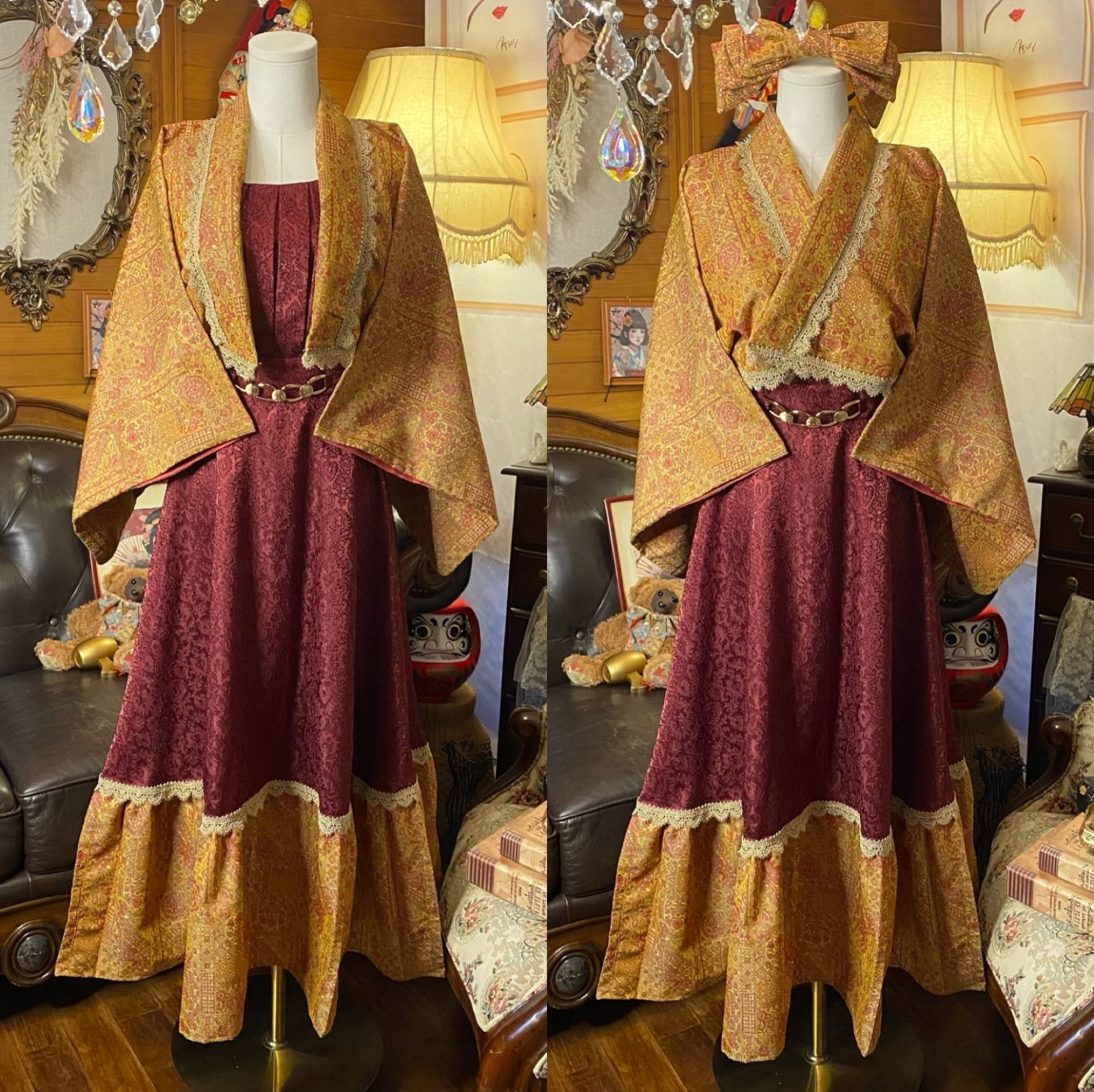 着物 ハンドメイド ワンピース パーティー ドレス 和洋折衷 コラージュ リメイク 切り替え 琥珀更紗×ワインダマスク 古金レースでクラシカルに O-72