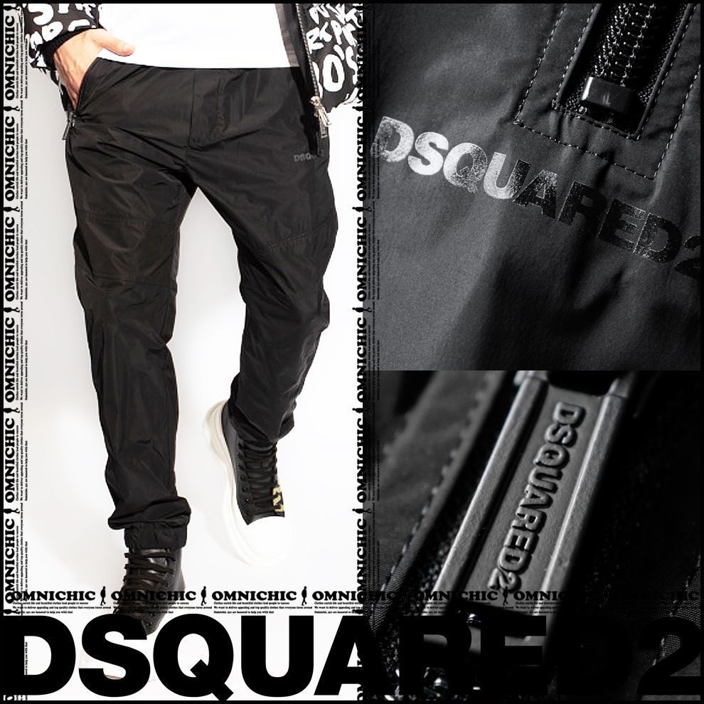 人気のシャドウロゴ |伊製 DSQUARED2 ディースクエアード漆黒に浮かぶ光沢の陰影マットブラックZIPジョガーナイロンパンツ