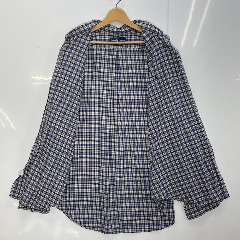 美品♪ラルフローレン コットン S 長袖シャツ 刺繍ポニー チェック ブルー Ralph Lauren ラルフローレン ポニー刺繡 チェックシャツ 長袖