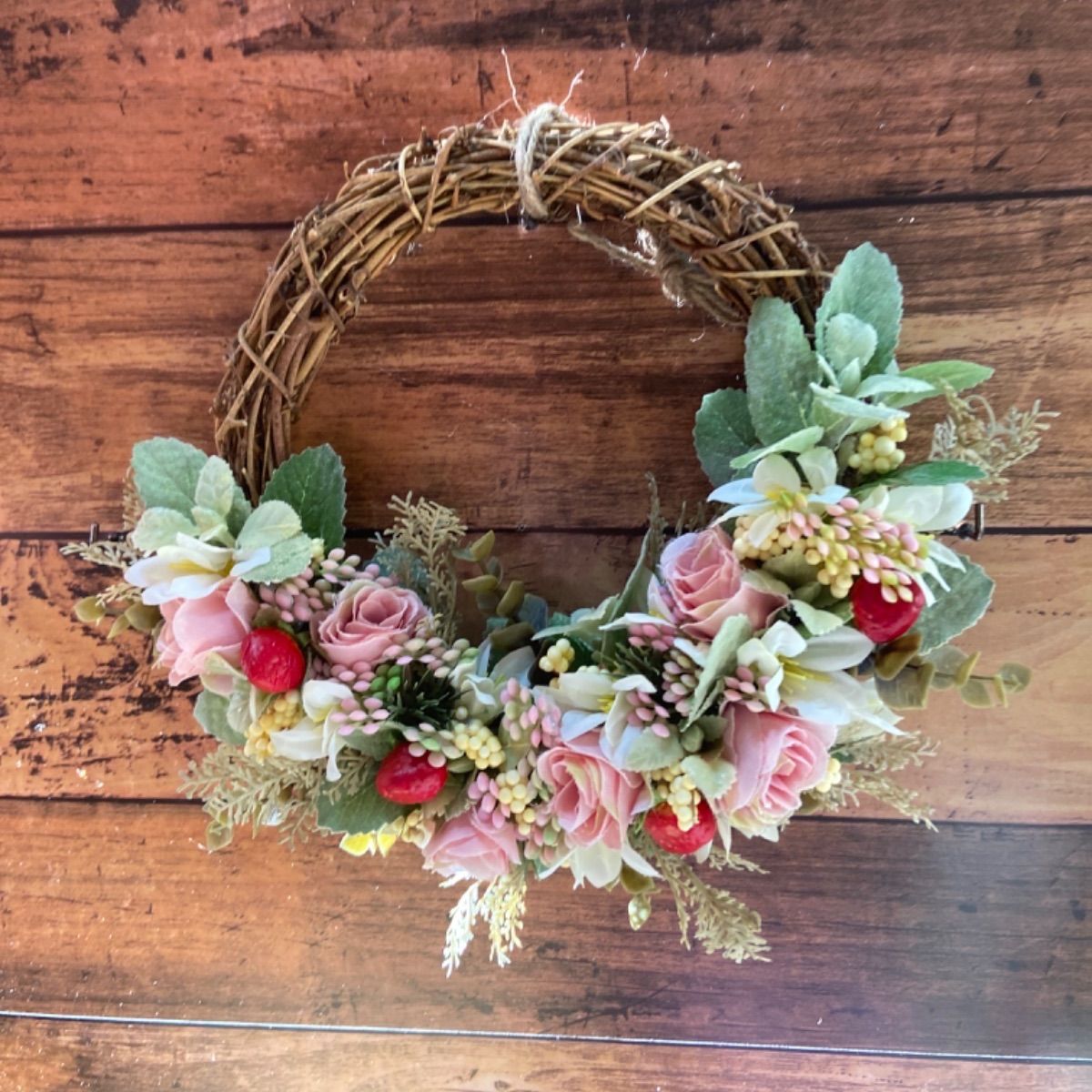 4-139フラワーリース アンティーク カントリーいちご 玄関リース  