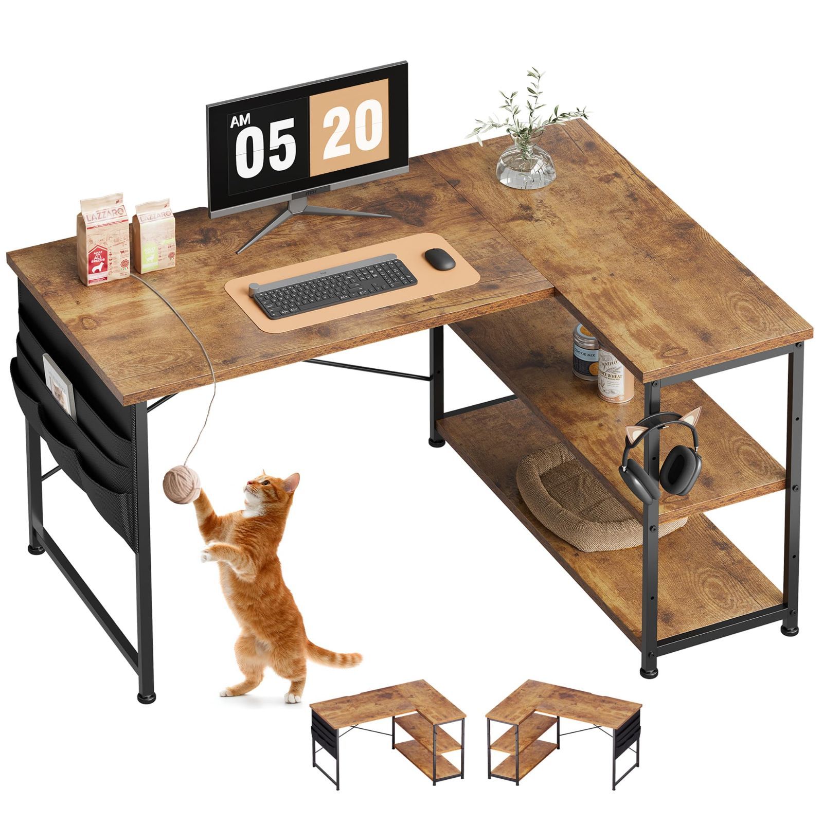 【新着商品】YeTom パソコンデスク 机 学習机 右棚左棚 幅107cm ゲーミングデスク l字デスク pcデスク 収納袋付き勉強机 コーナーデスク 本棚付き ビンテージ