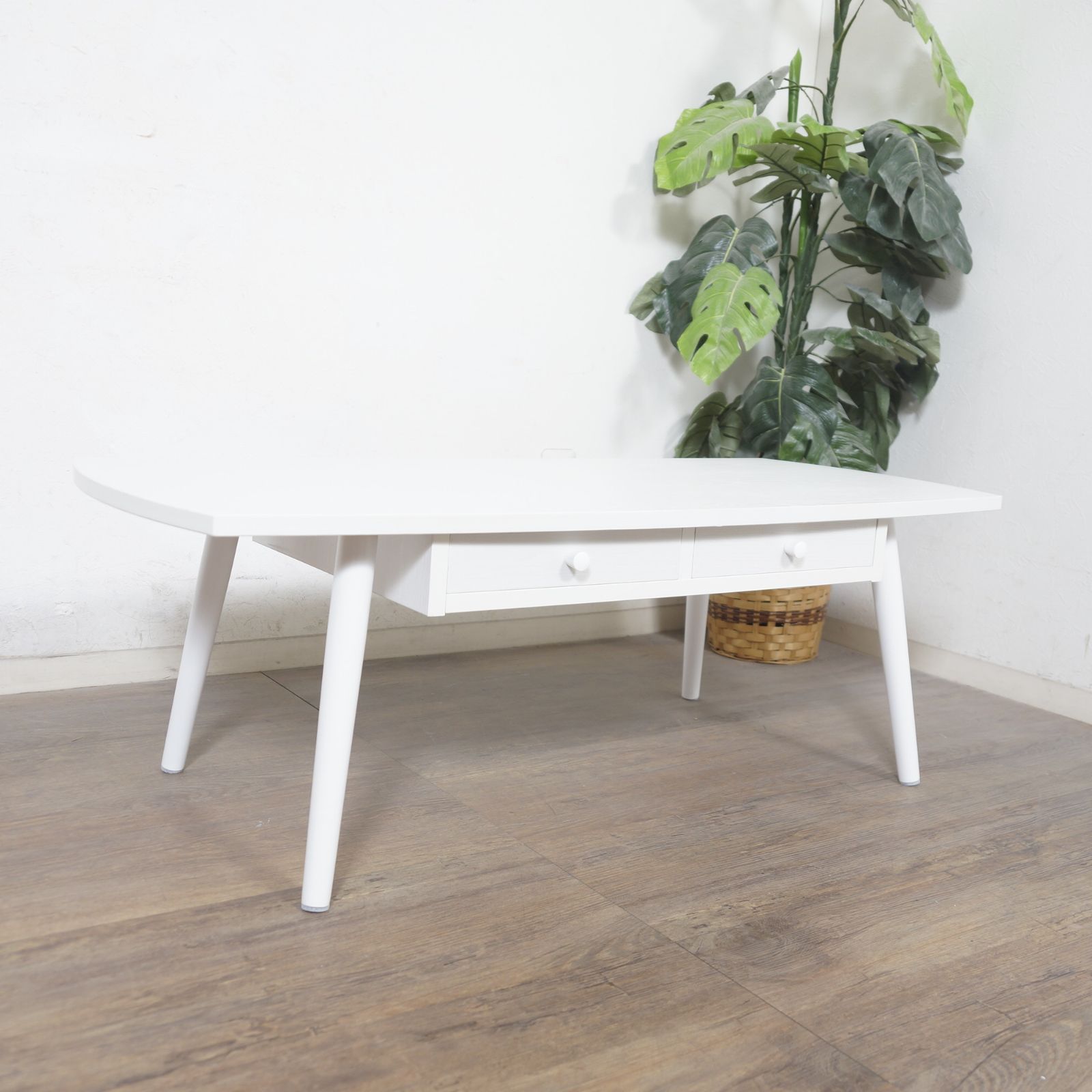 K 引出し付 センターテーブル 幅110cm 白 ローテーブル 作業用 PCデスク 学習机 ホワイト UV塗装 MARWIL-DEMENAGEMENTS_CH