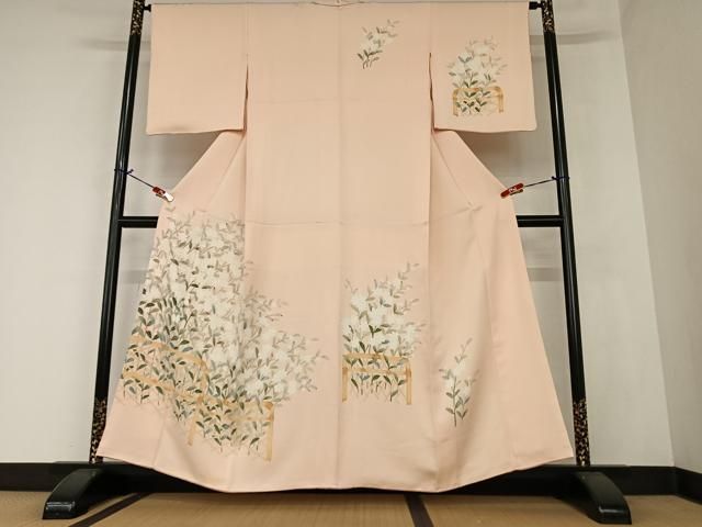 極上　訪問着　友禅　風景草花文　暈し染め　正絹　逸品 平和屋着物○訪問着 友禅 草花文 肉地色 正絹 逸品 AAAZ0297zg