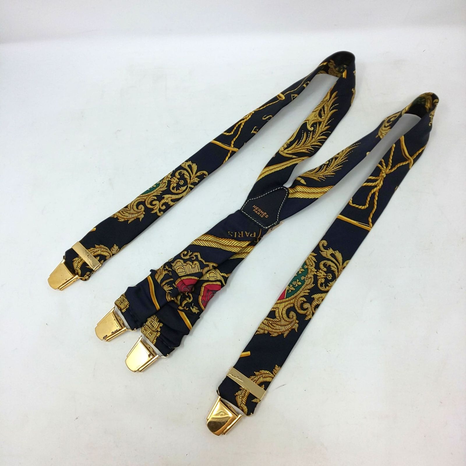 976B-02 HERMES エルメス シルク サスペンダー レザー 総柄 ブラック系 ゴールド金具 ブランド 服飾雑貨