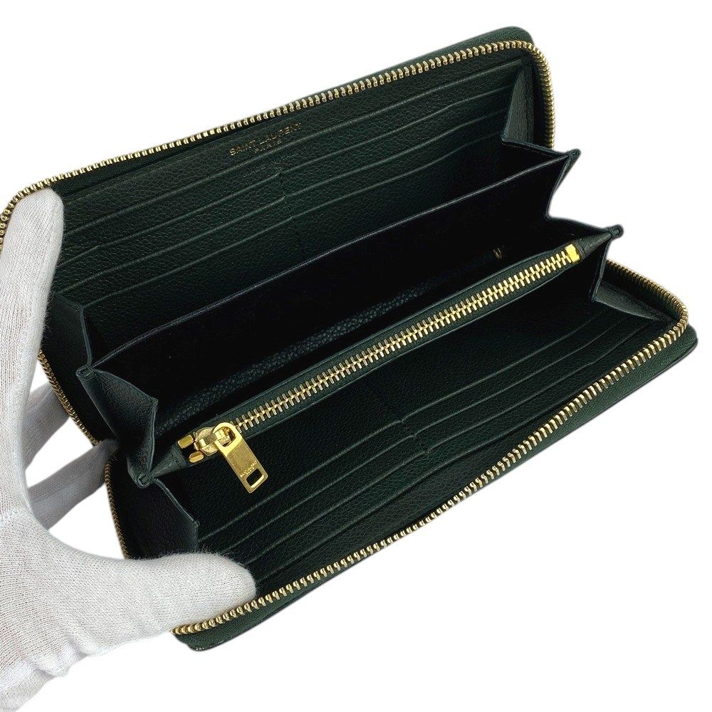 □美品□ サンローラン 長財布 ラウンド ジップ レザー GP グリーン  