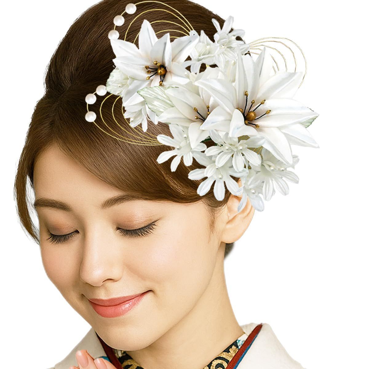 新着商品 髪飾り 4点セット 百合 水引 成人式 振袖 ヘアアクセサリー パールビーズ 結婚式 卒業式 袴 ヘアアクセ kk-033 ホワイト