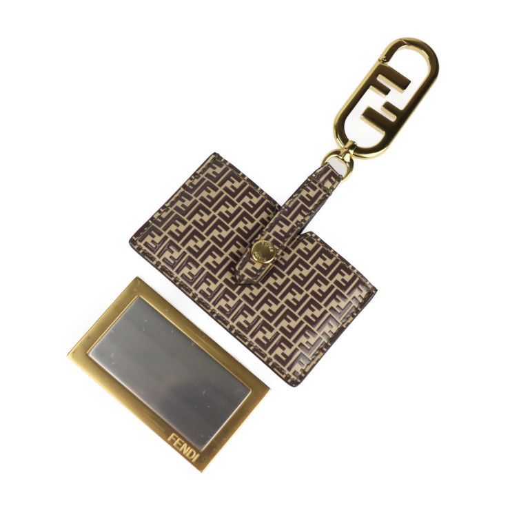 FENDI フェンディ ミラーホルダー キーホルダー 7AS049 レザー ブラウン ゴールド金具 マイクロFF バッグチャーム