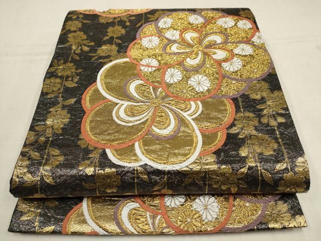 平和屋着物▽六通柄袋帯 花唐草文 黒地 金糸 正絹 逸品