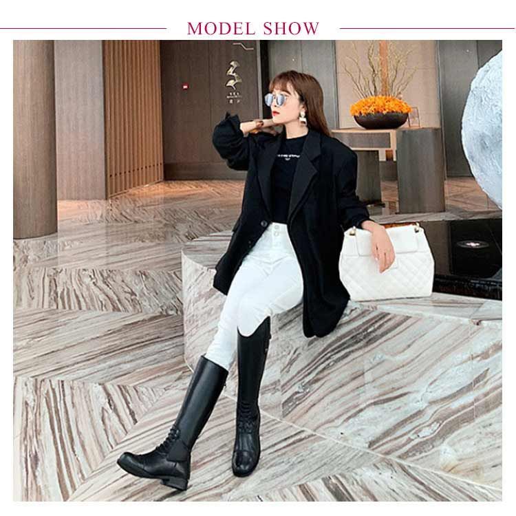 レディース ロングブーツ ジョッキーブーツ ｖカット 黒 チャンキーヒール 歩きやすい ウエスタンブーツ 履きやすい バックジッパー ローヒール 太ヒール