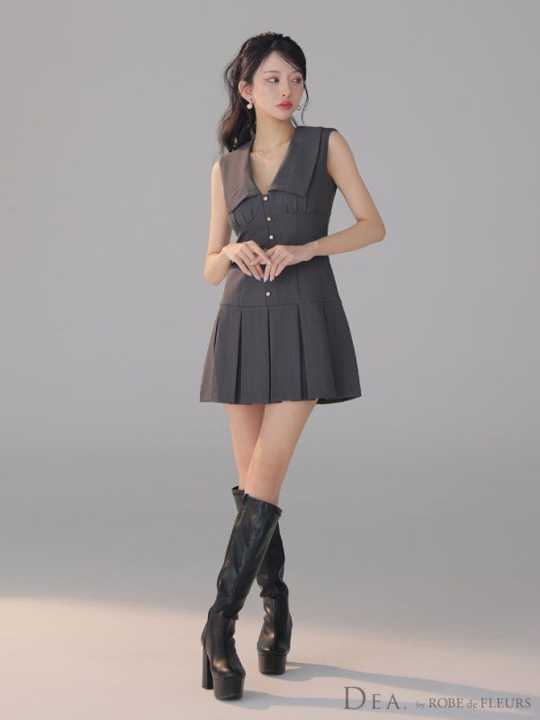 グレー DE3395-GY-2508 Lサイズあり DEA.|ディア ビッグカラー| ノースリーブ| プリーツ| フ | ミニドレス| キャバドレス