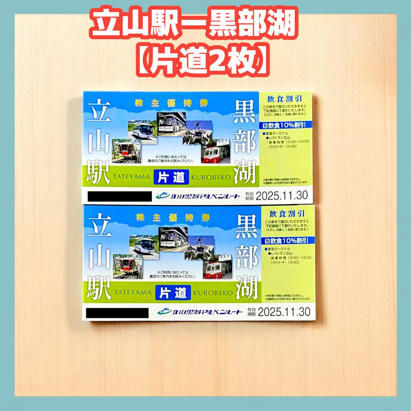 立山黒部貫光 立山黒部アルペンルート 片道乗車券(2枚) 23.11.30迄 